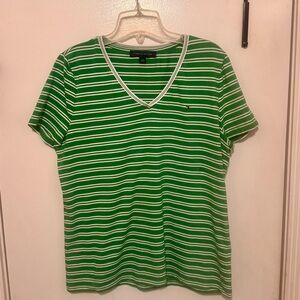 Tommy Hilfiger Green & White Striped V-Neck Tee Size Large